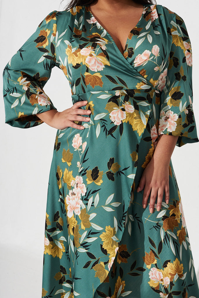 Mackenzie Midi Wrap Dress In Green With Blush Floral Satin - detail