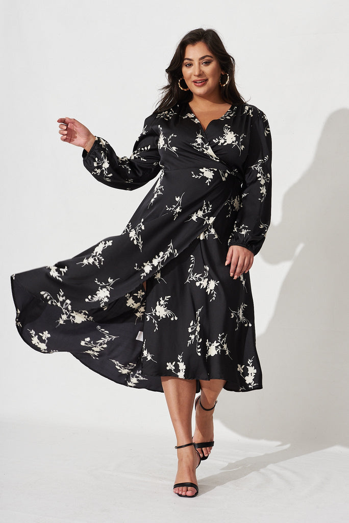 Mackenzie Midi Wrap Dress In Black With Cream Floral Satin - full length