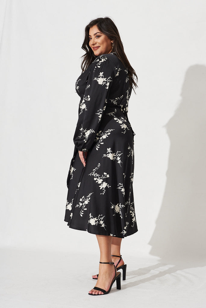 Mackenzie Midi Wrap Dress In Black With Cream Floral Satin - side
