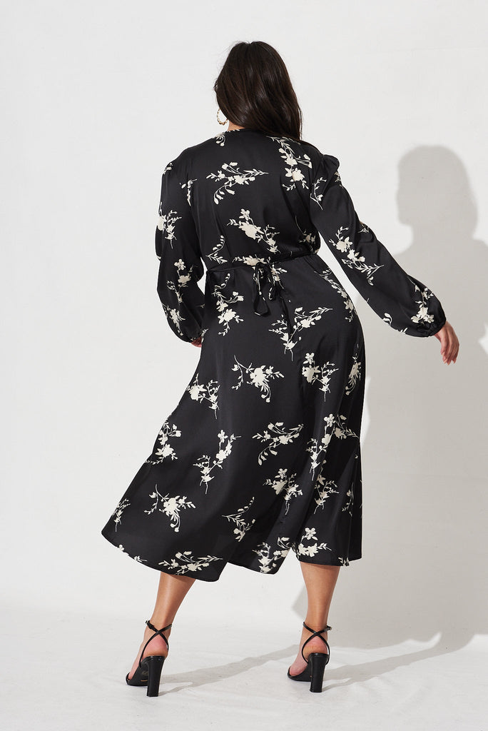 Mackenzie Midi Wrap Dress In Black With Cream Floral Satin - back