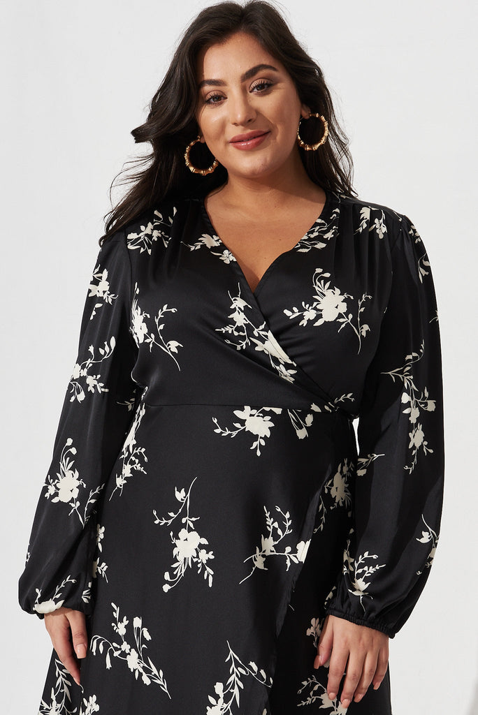 Mackenzie Midi Wrap Dress In Black With Cream Floral Satin - front
