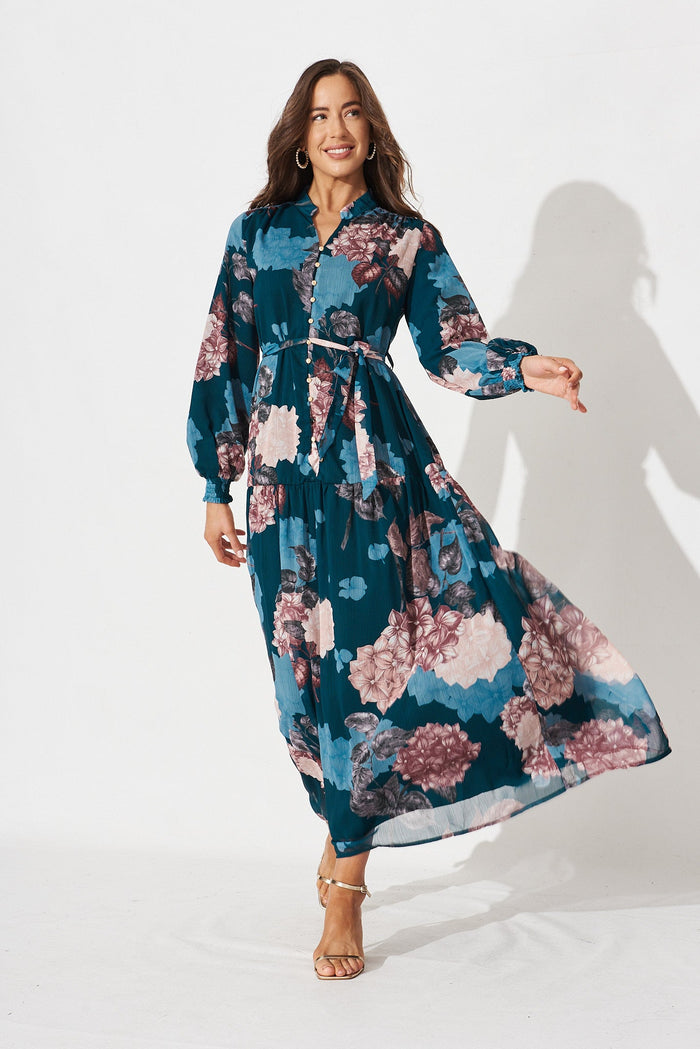 Kristine Maxi Dress In Teal Floral - full length