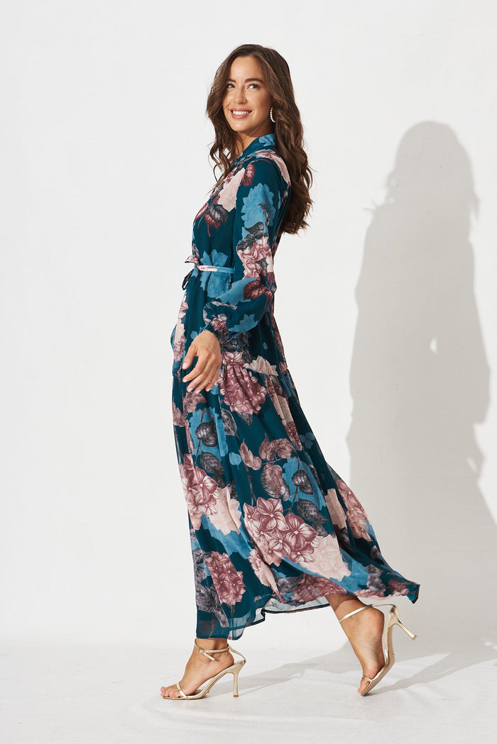 Kristine Maxi Dress In Teal Floral - side