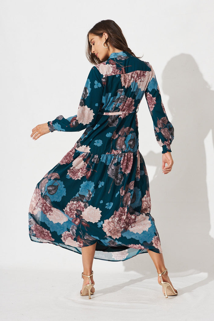 Kristine Maxi Dress In Teal Floral - back