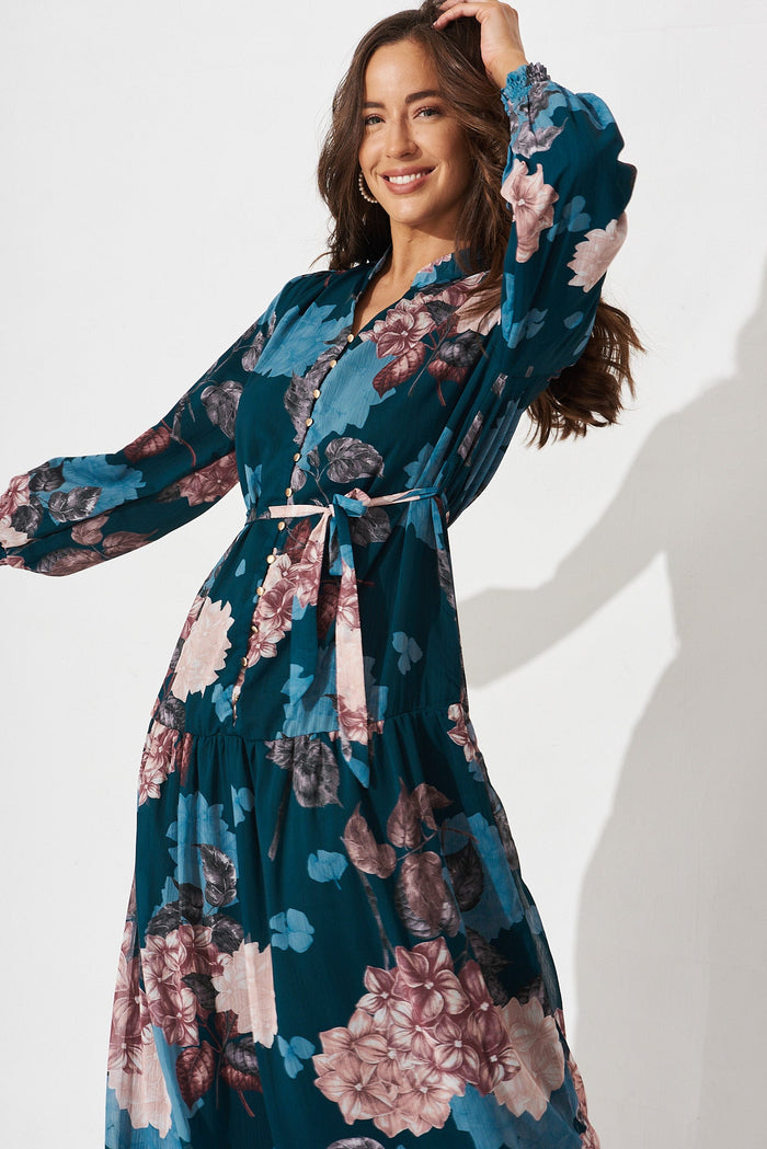 Kristine Maxi Dress In Teal Floral - front