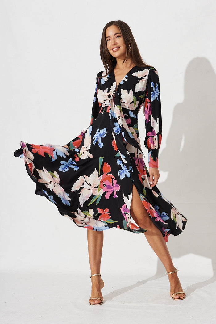 Kimmie Midi Dress In Black Multi Floral Satin - full length