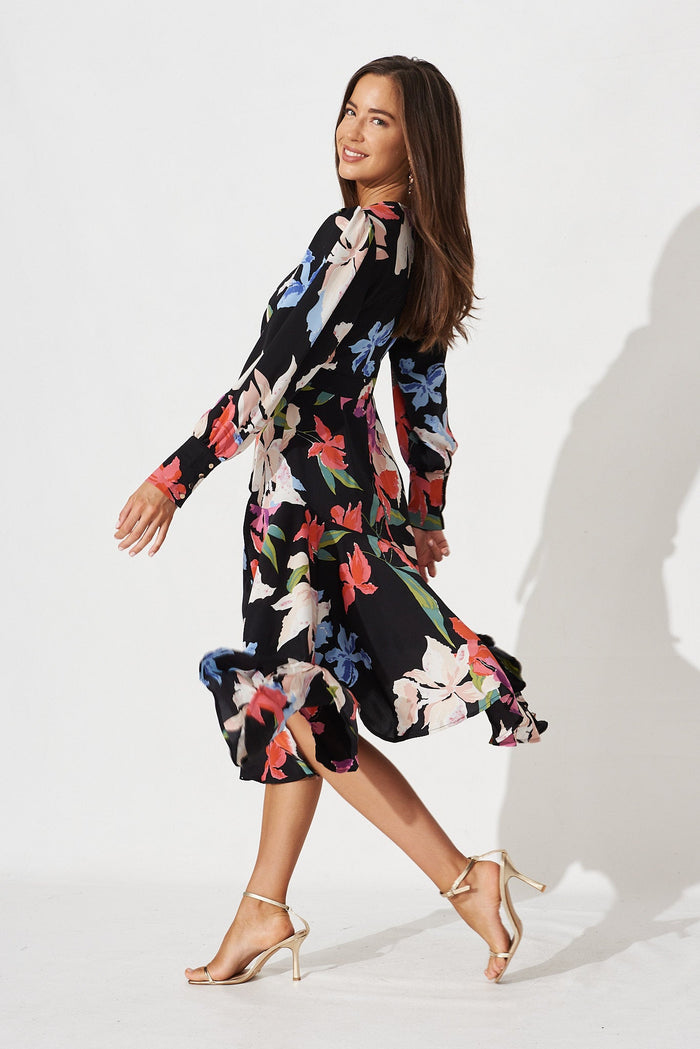 Kimmie Midi Dress In Black Multi Floral Satin - side
