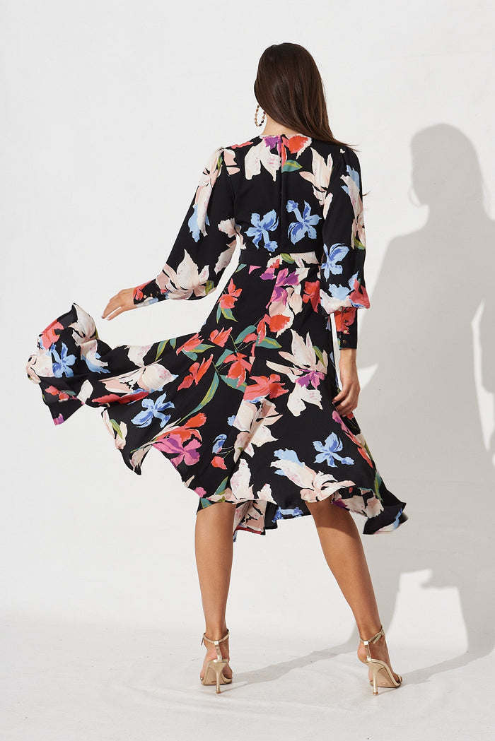 Kimmie Midi Dress In Black Multi Floral Satin - back
