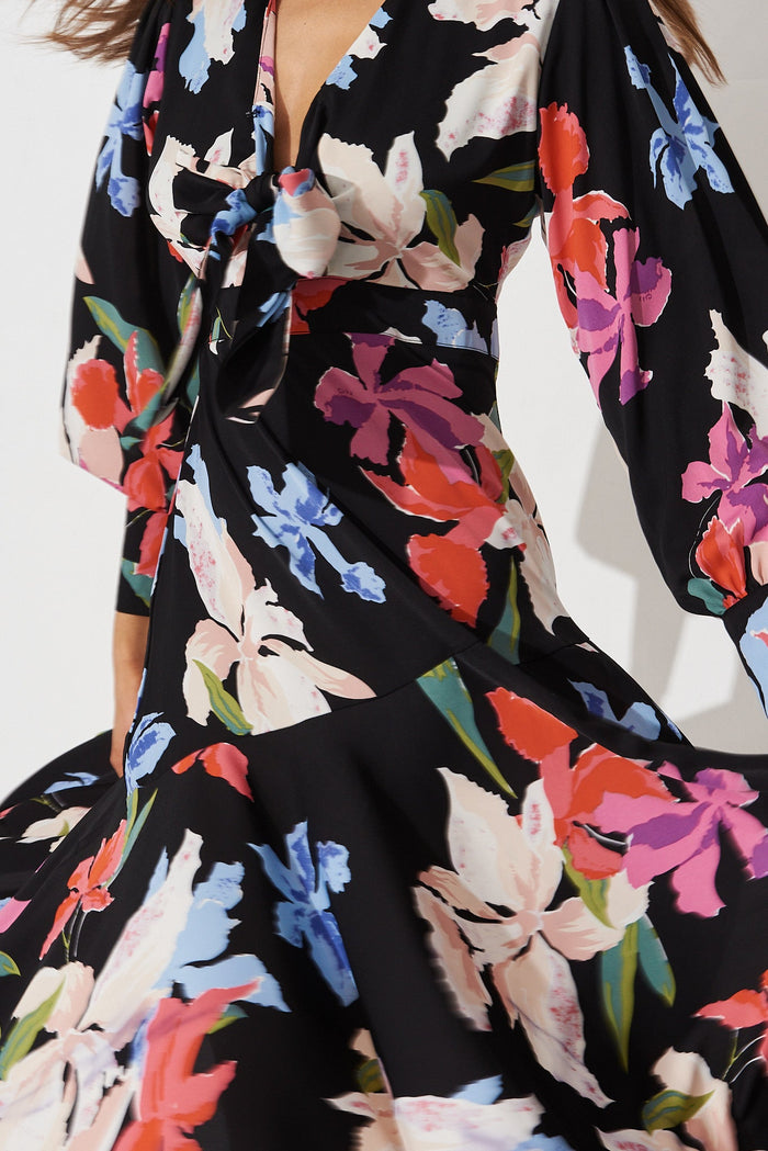 Kimmie Midi Dress In Black Multi Floral Satin - detail