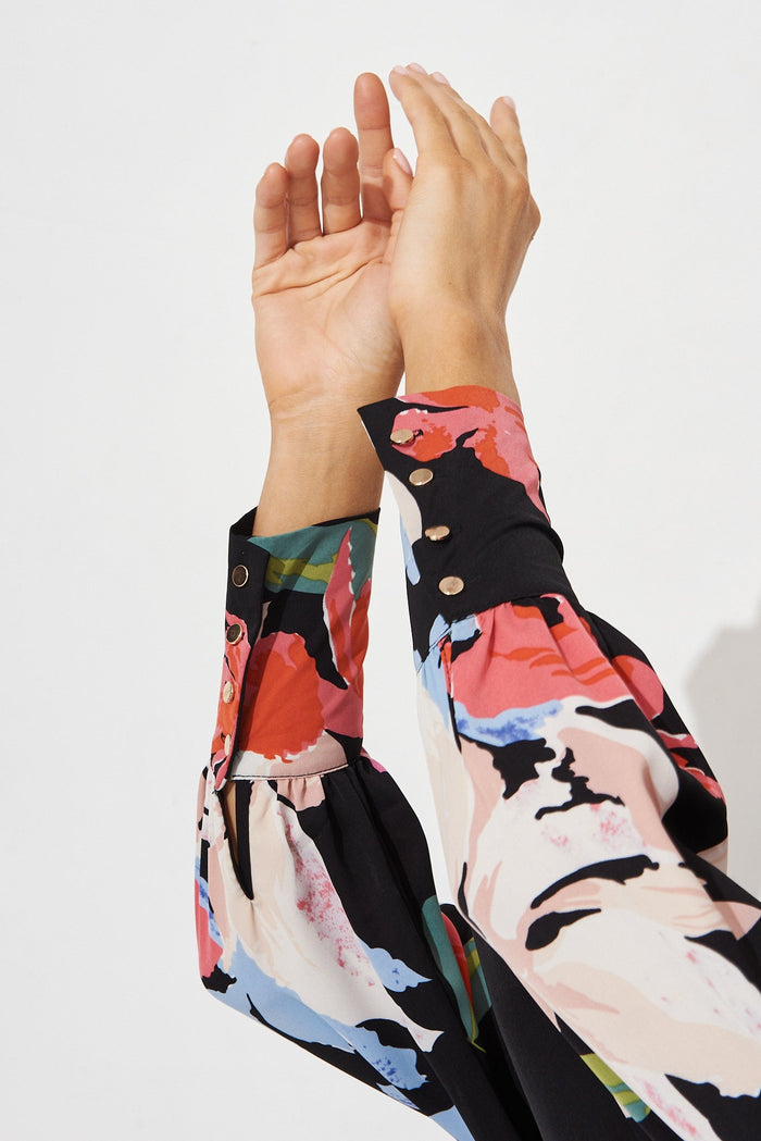 Kimmie Midi Dress In Black Multi Floral Satin - detail