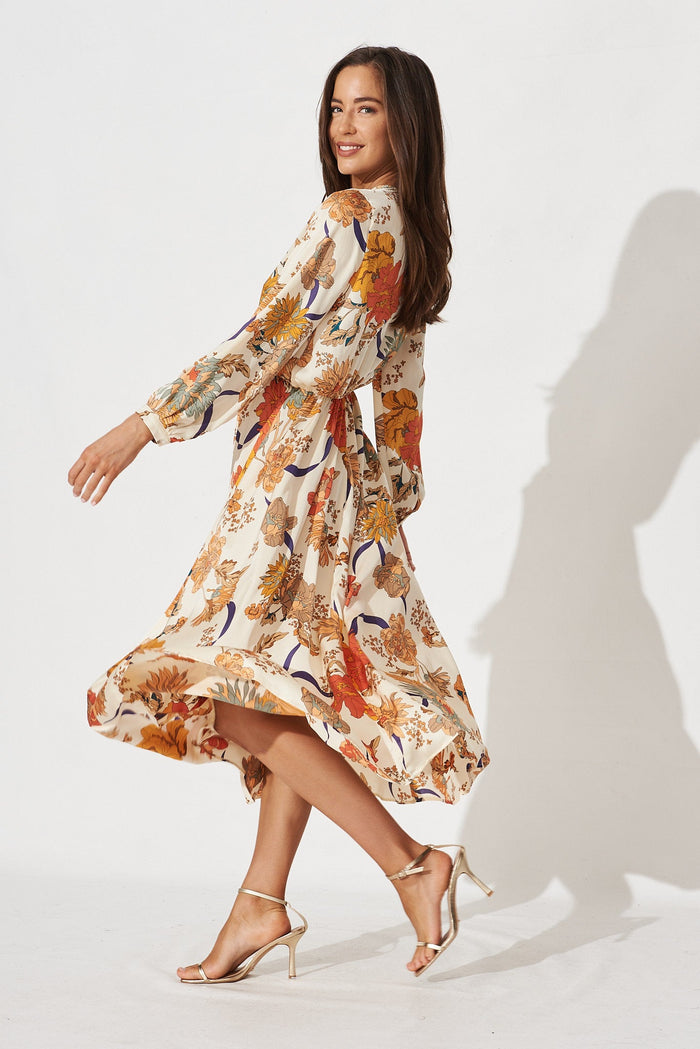 Airine Maxi Dress In Beige Floral Satin - side