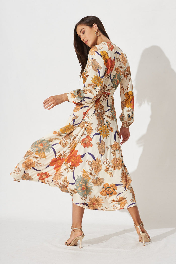 Airine Maxi Dress In Beige Floral Satin - back