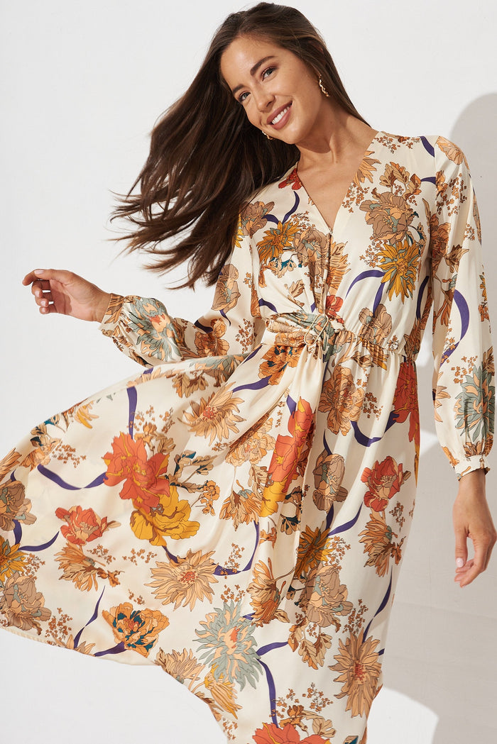 Airine Maxi Dress In Beige Floral Satin - front