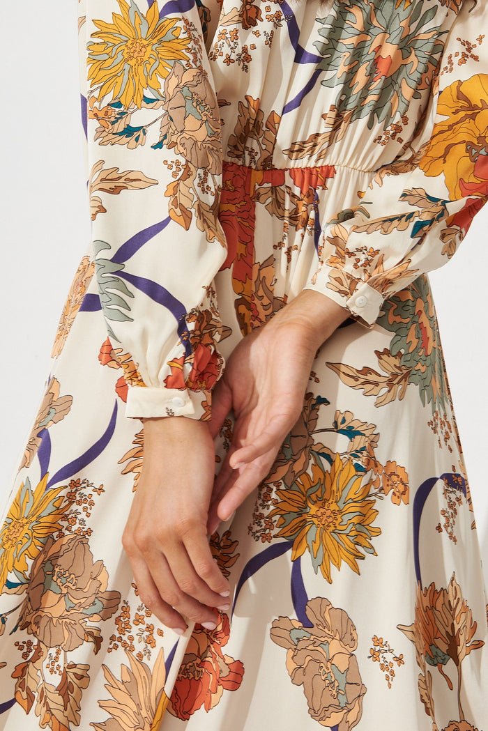 Airine Maxi Dress In Beige Floral Satin - detail