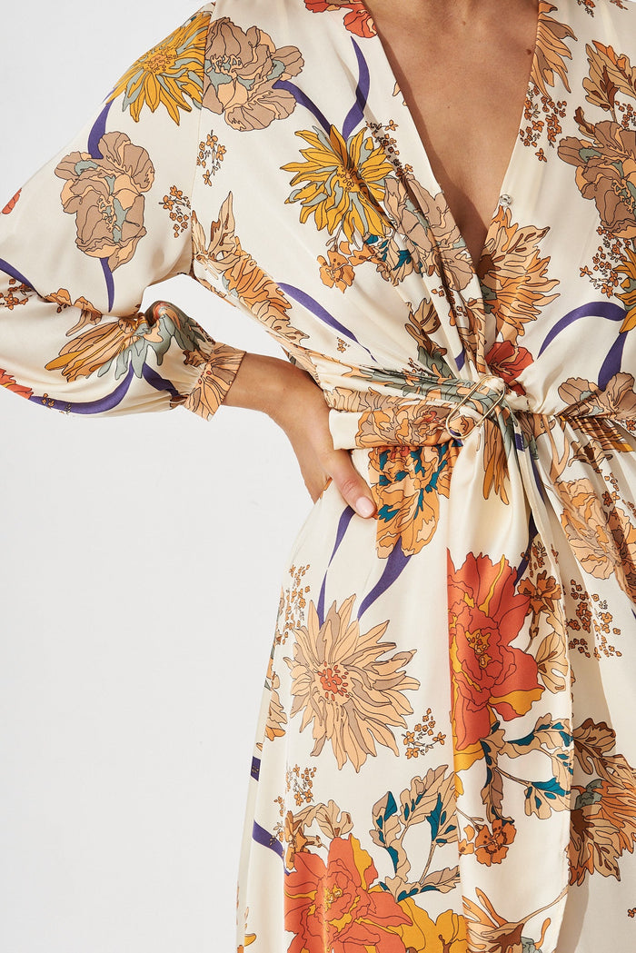 Airine Maxi Dress In Beige Floral Satin - detail