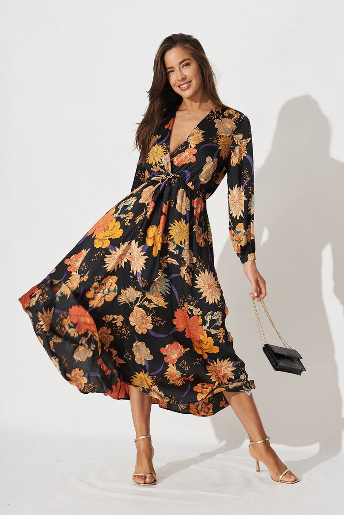 Airine Maxi Dress In Black Floral Satin - full length