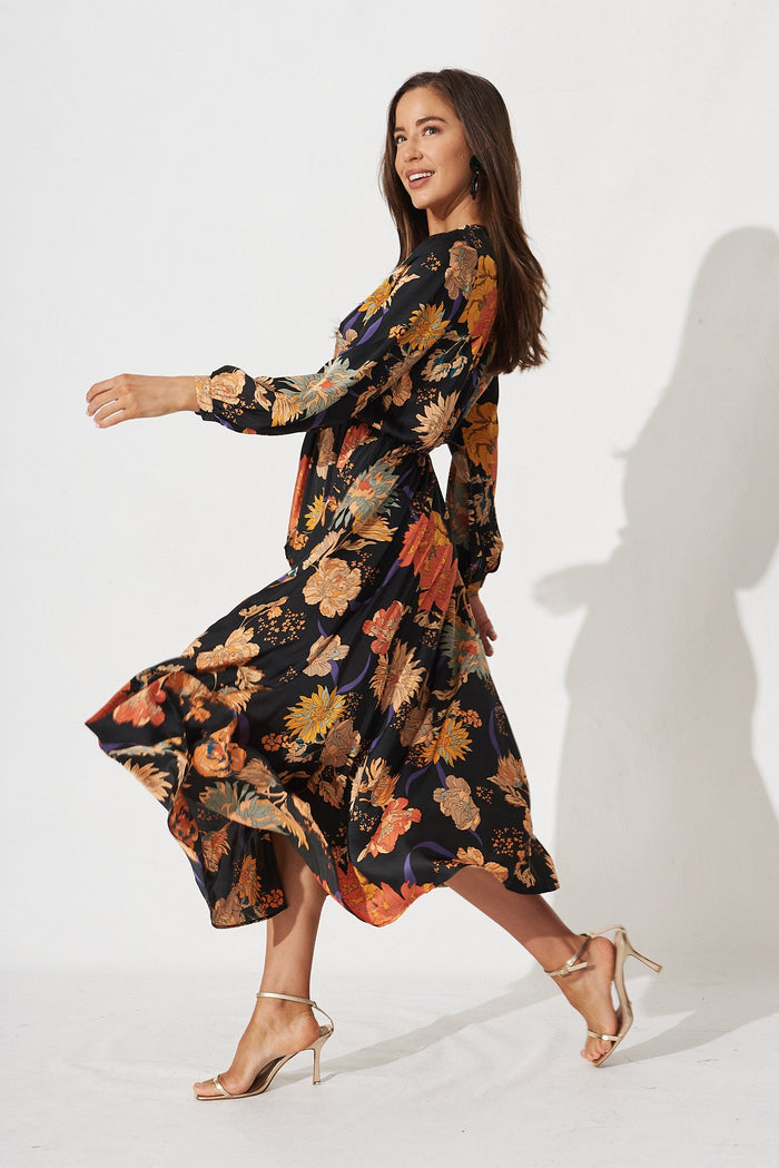 Airine Maxi Dress In Black Floral Satin - side