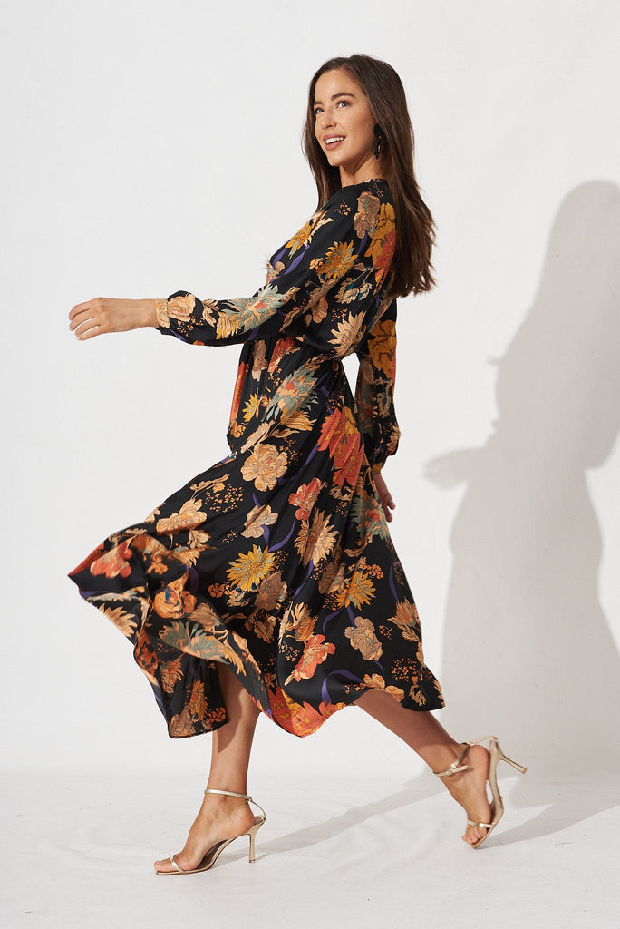 Airine Maxi Dress In Black Floral Satin - side