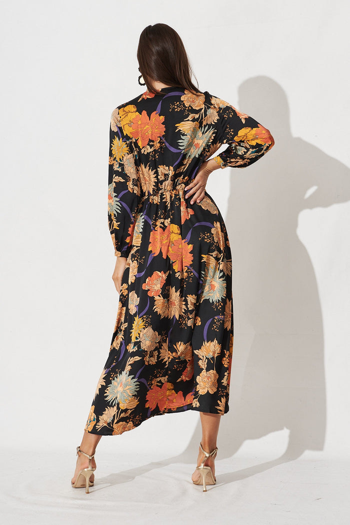 Airine Maxi Dress In Black Floral Satin - back