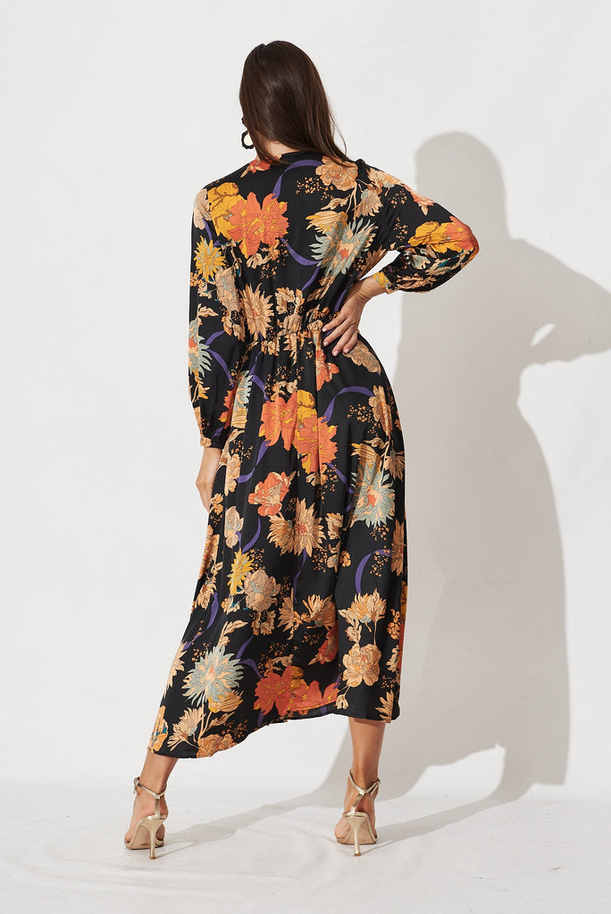 Airine Maxi Dress In Black Floral Satin - back