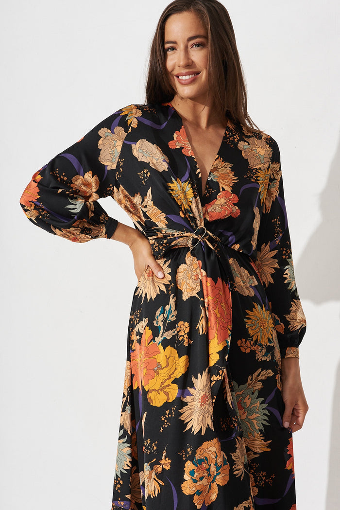 Airine Maxi Dress In Black Floral Satin - front