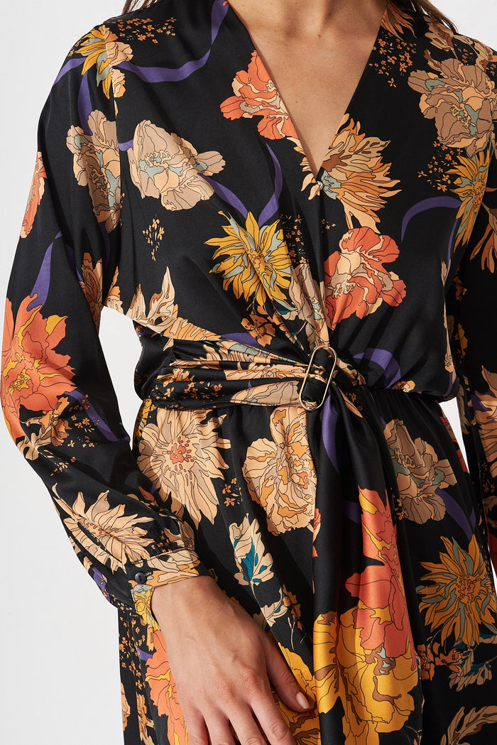 Airine Maxi Dress In Black Floral Satin - detail