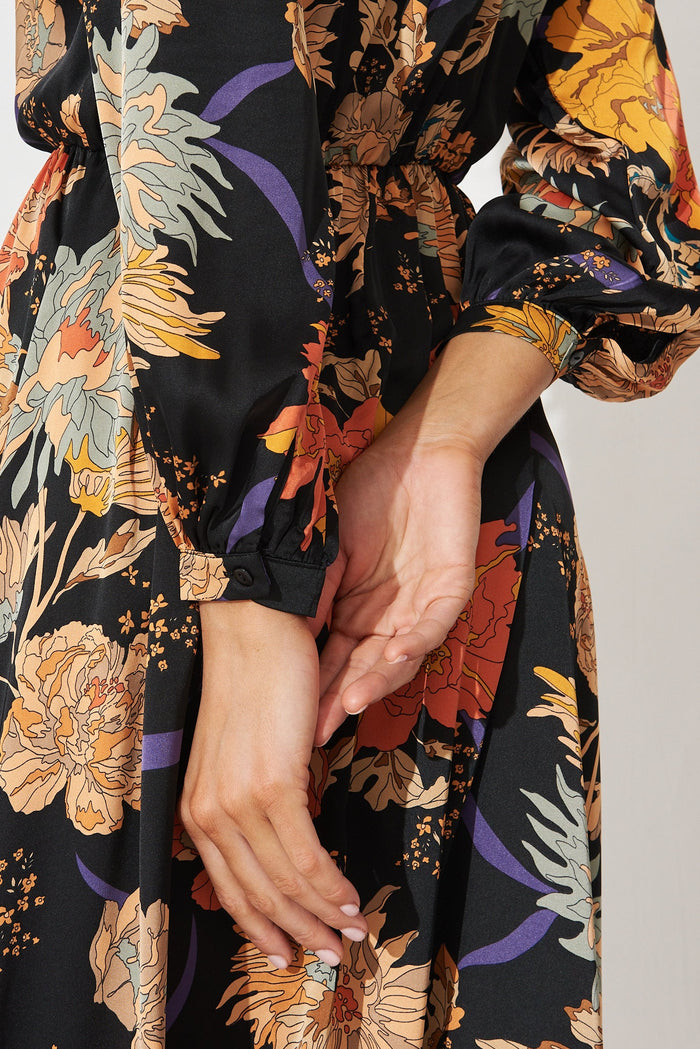 Airine Maxi Dress In Black Floral Satin - detail
