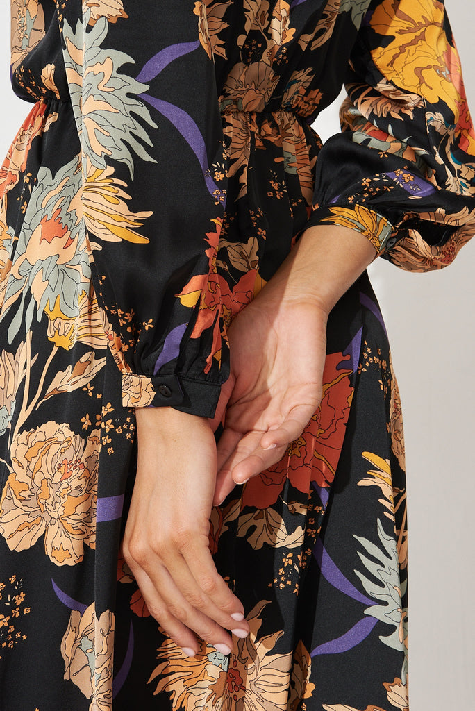 Airine Maxi Dress In Black Floral Satin - detail