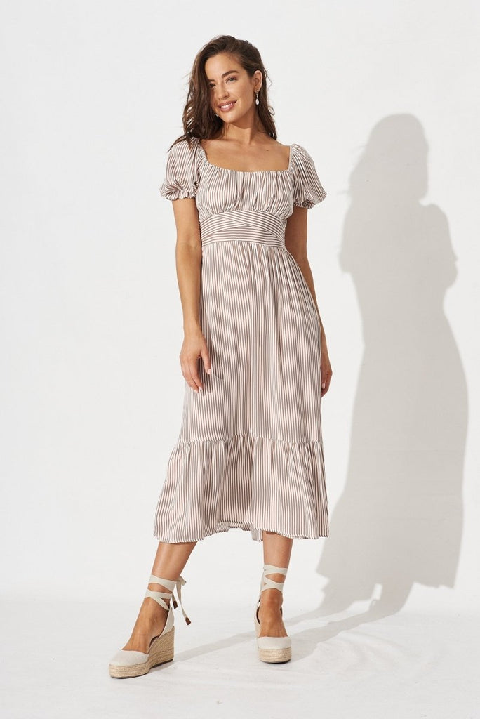 Candie Midi Dress In White With Brown Stripe - St Frock (Dev)