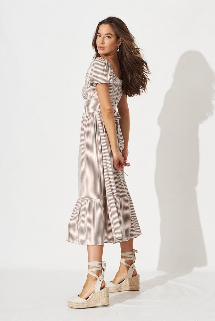 Candie Midi Dress In White With Brown Stripe - St Frock (Dev)