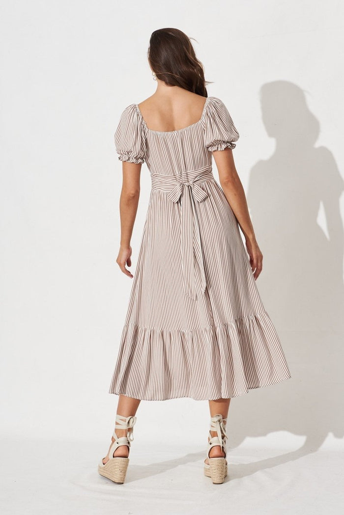 Candie Midi Dress In White With Brown Stripe - St Frock (Dev)