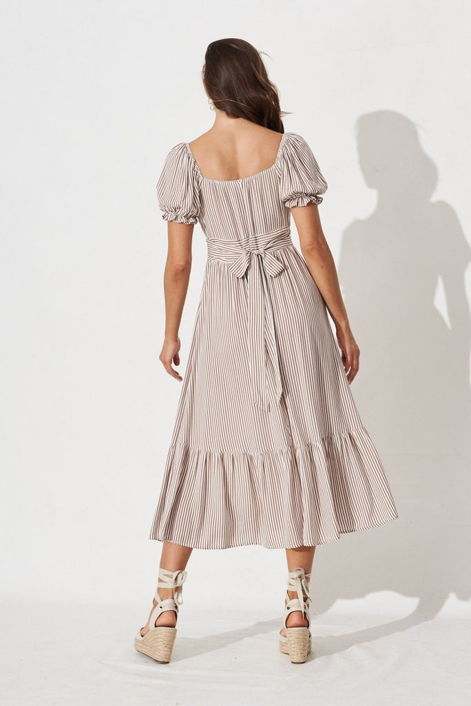 Candie Midi Dress In White With Brown Stripe - St Frock (Dev)