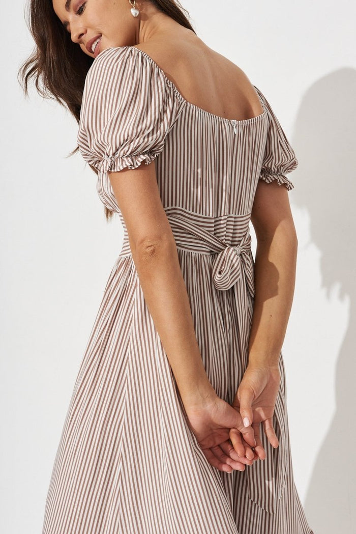 Candie Midi Dress In White With Brown Stripe - St Frock (Dev)