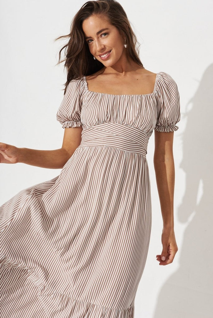 Candie Midi Dress In White With Brown Stripe - St Frock (Dev)