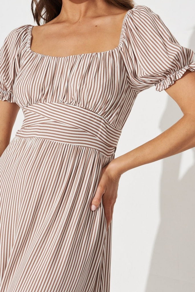 Candie Midi Dress In White With Brown Stripe - St Frock (Dev)
