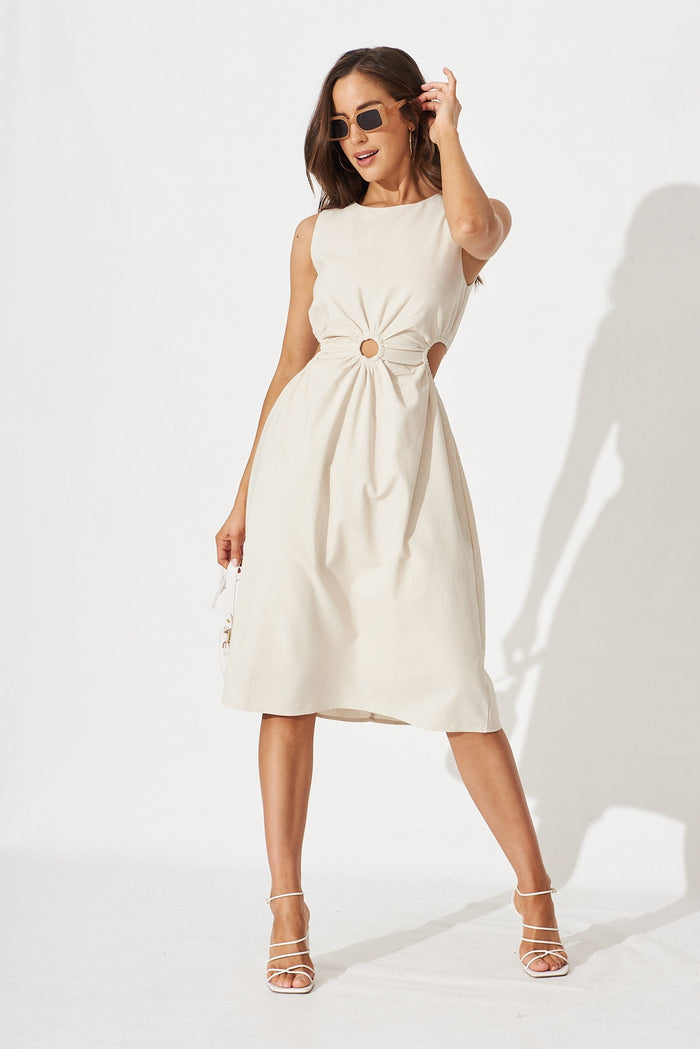 Kimie Mid Dress In Beige Linen Blend - Full length