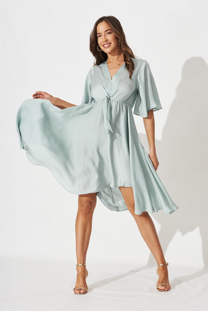 Helsinki Dress In Duckegg Blue Satin - full length