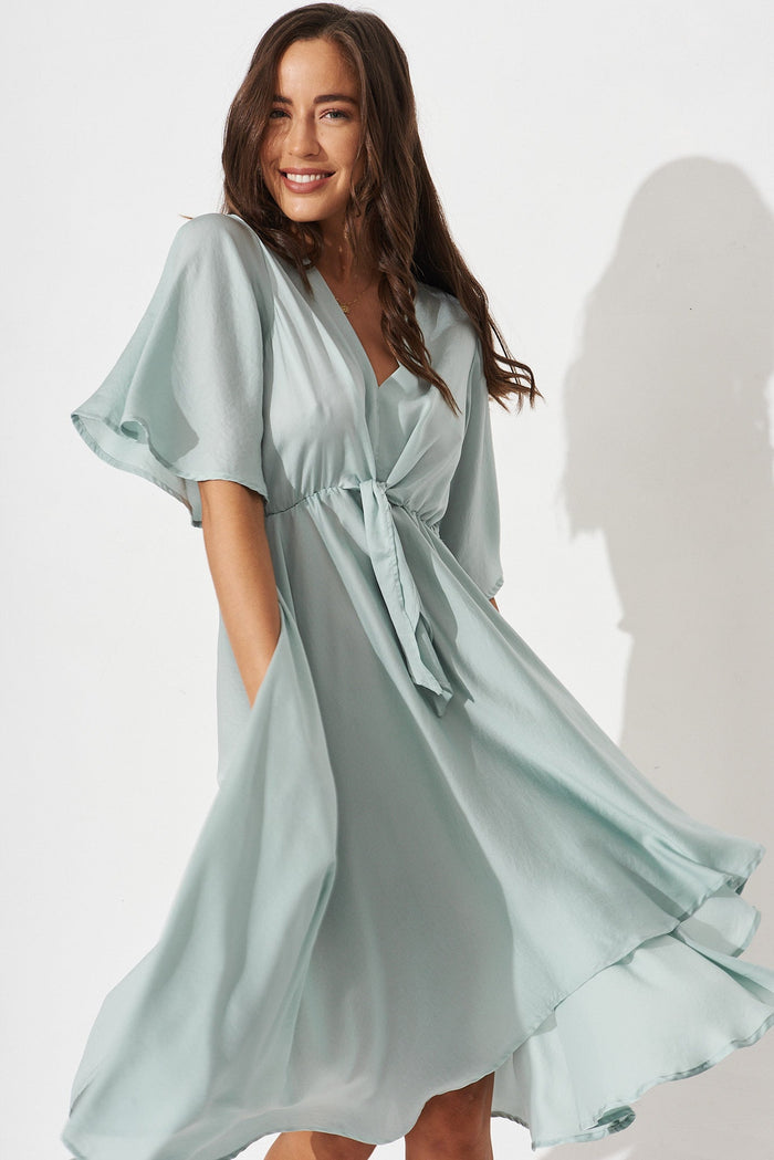 Helsinki Dress In Duckegg Blue Satin - front