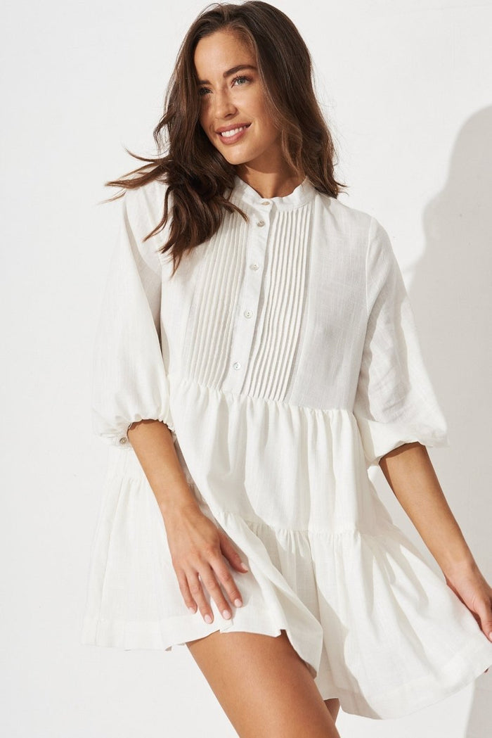 Caracelle Smock Dress In White Linen Blend - St Frock (Dev)