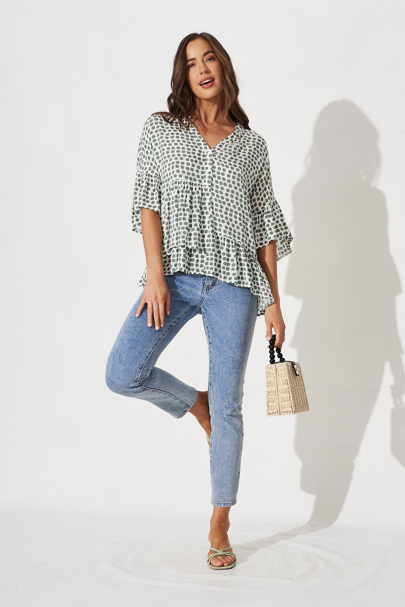 Relia Top In White With Green Polka Dot - full length