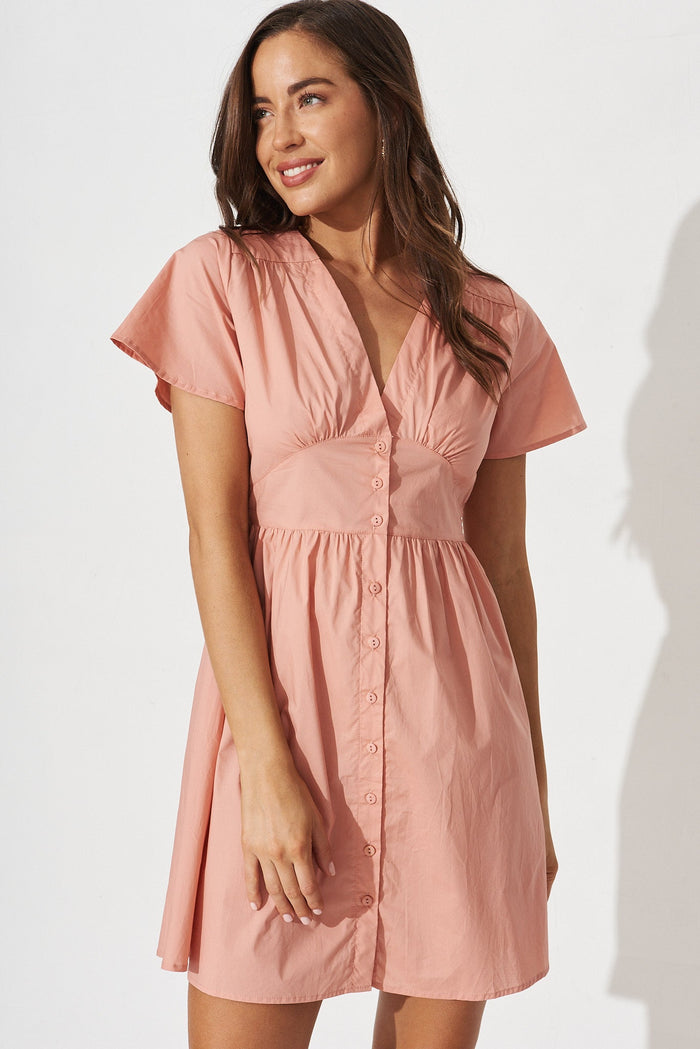 Kylana Dress in Peach Cotton Poplin - front