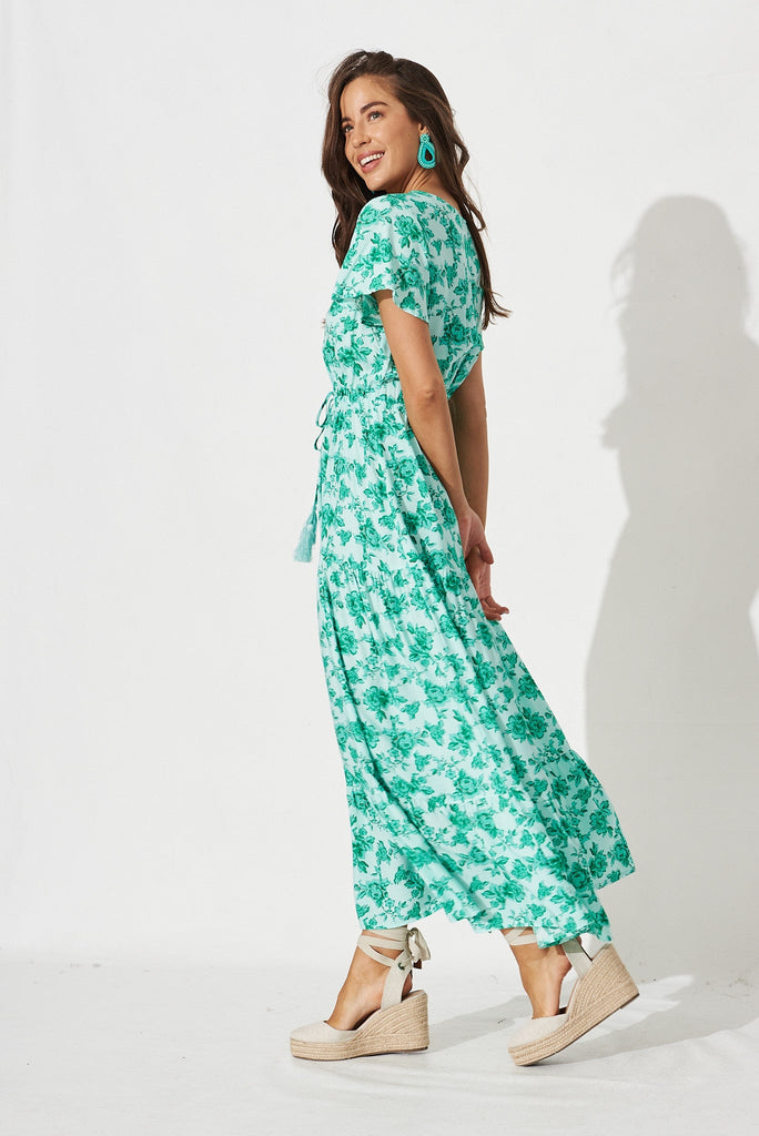 Elxi Maxi Dress In Mint With Green Boho Floral - side