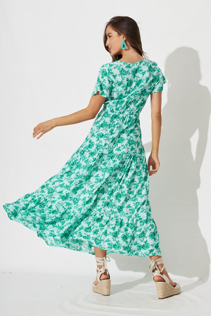 Elxi Maxi Dress In Mint With Green Boho Floral - back