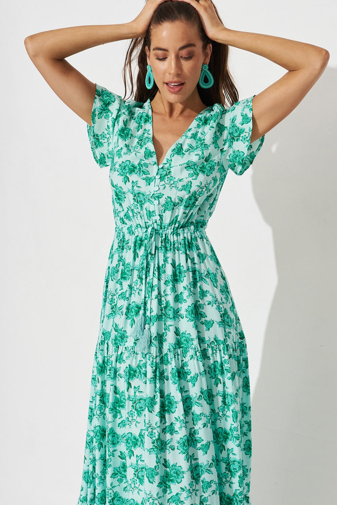 Elxi Maxi Dress In Mint With Green Boho Floral - front