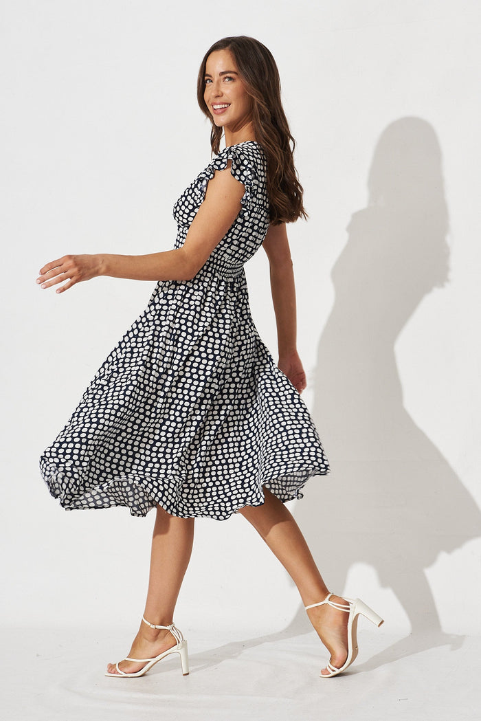 Kylian Midi Dress In Navy With White Polka Dot - side
