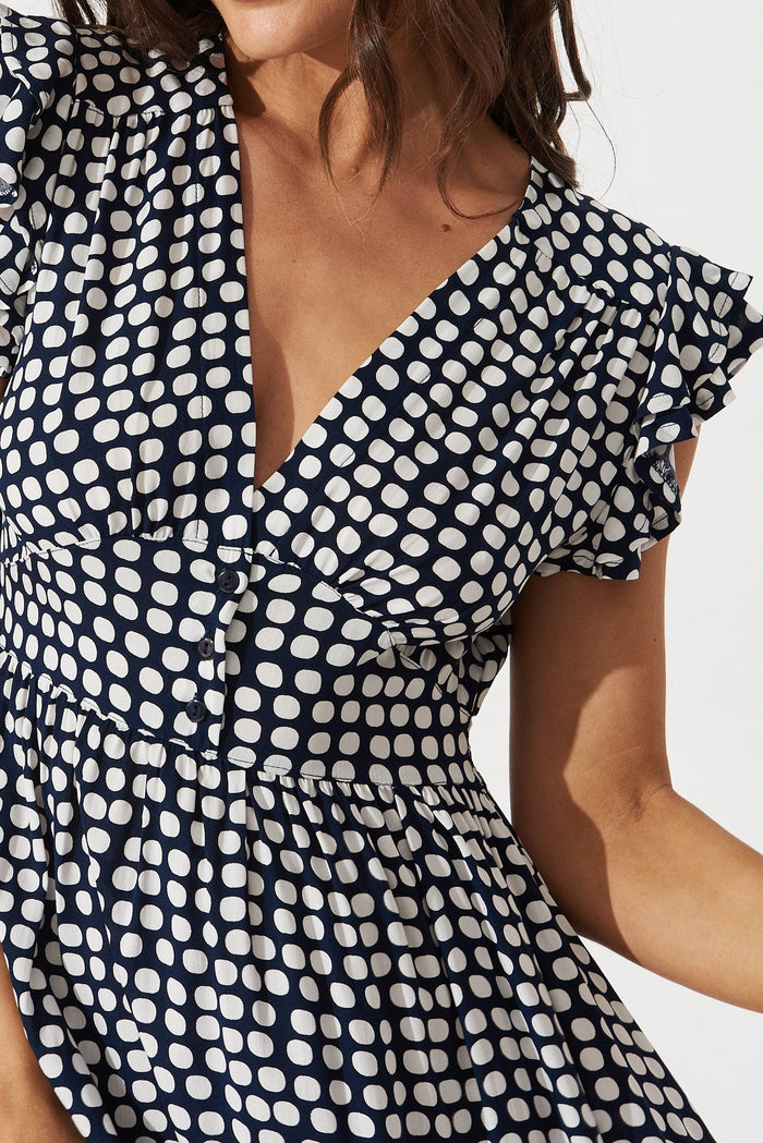Kylian Midi Dress In Navy With White Polka Dot - detail