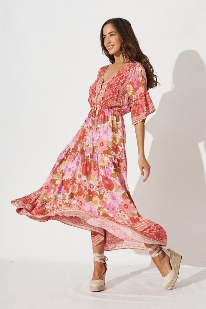 Clexia Maxi Dress In Red With Pink Boho Floral - St Frock (Dev)
