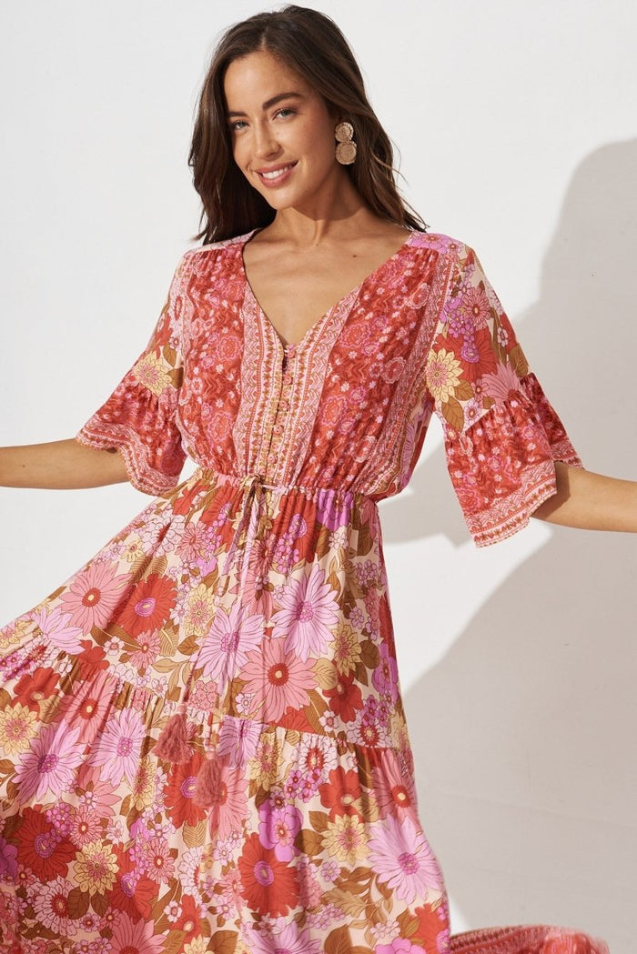 Clexia Maxi Dress In Red With Pink Boho Floral - St Frock (Dev)