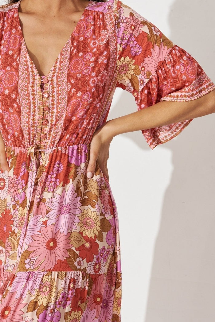 Clexia Maxi Dress In Red With Pink Boho Floral - St Frock (Dev)