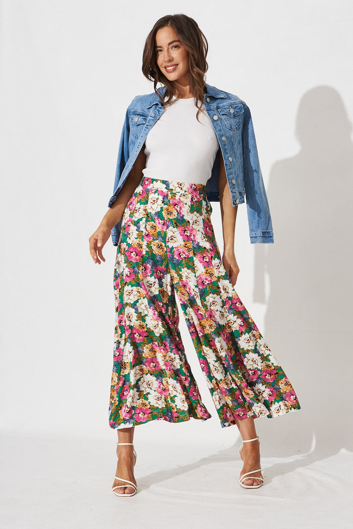 Effenty Pants in Green with Beige Floral - full length